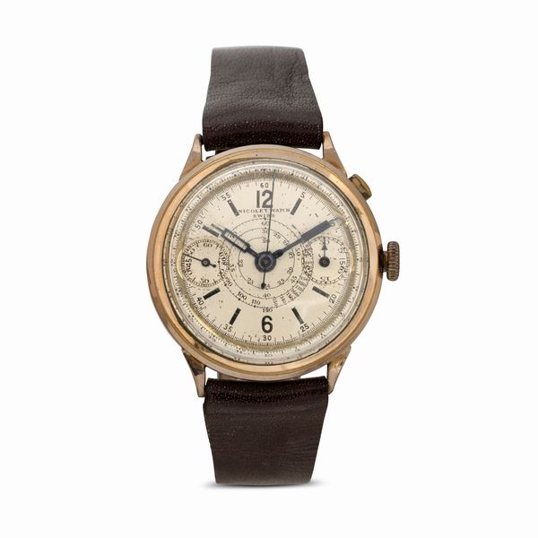 NICOLET WATCH : Cronografo monopulsante laminato carica manuale, quadrante Argent� con scala tachimetrica a chiocciola, 39 mm  - Asta Watches - Associazione Nazionale - Case d'Asta italiane