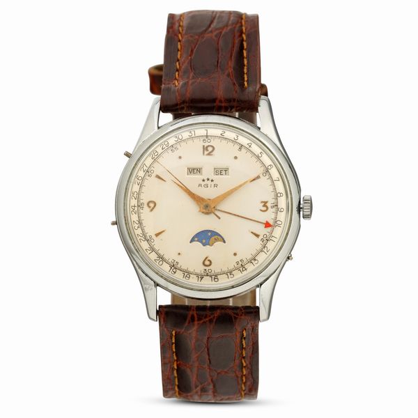 Agir : Orologio triplo calendario con fasi lunari carica manuale, cassa in acciaio, quadrante Argent�, 37 mm  - Asta Watches - Associazione Nazionale - Case d'Asta italiane