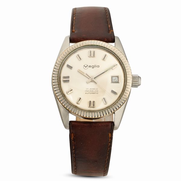 Veglia : Orologio automatico in acciaio quadrante Argent� con indici applicati, ghiera zigrinata, 35 mm  - Asta Watches - Associazione Nazionale - Case d'Asta italiane