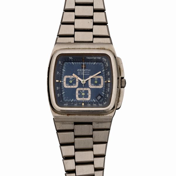 ZENITH : El Primero Automatic in acciaio, cronografo tre contatori, quadrante blu e cassa TV, 36x38 mm  - Asta Watches - Associazione Nazionale - Case d'Asta italiane