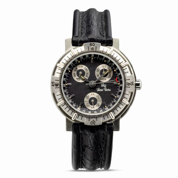 LUCIEN ROCHAT : Lucien Rochat Triplo Calendario, in acciaio con quadrante antracite, tre contatori argentati, movimento automatico, 38,5 mm, circa 1980  - Asta Watches - Associazione Nazionale - Case d'Asta italiane