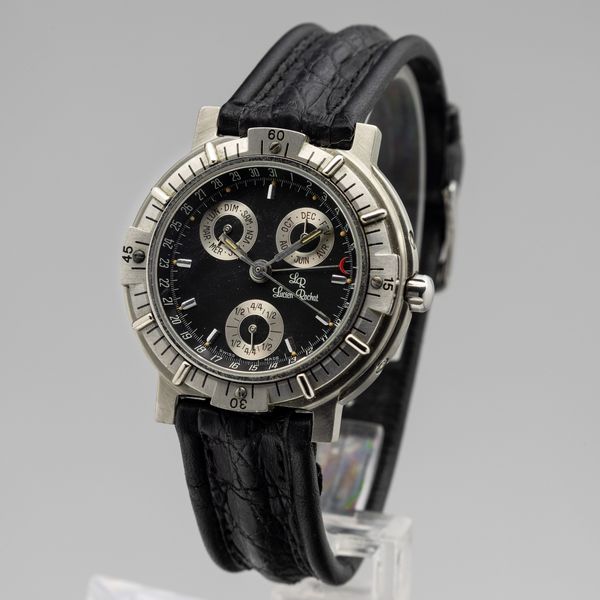 LUCIEN ROCHAT : Lucien Rochat Triplo Calendario, in acciaio con quadrante antracite, tre contatori argentati, movimento automatico, 38,5 mm, circa 1980  - Asta Watches - Associazione Nazionale - Case d'Asta italiane