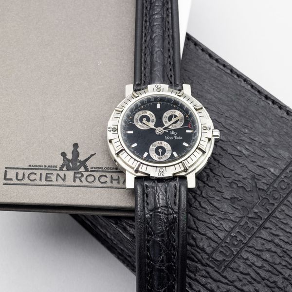 LUCIEN ROCHAT : Lucien Rochat Triplo Calendario, in acciaio con quadrante antracite, tre contatori argentati, movimento automatico, 38,5 mm, circa 1980  - Asta Watches - Associazione Nazionale - Case d'Asta italiane