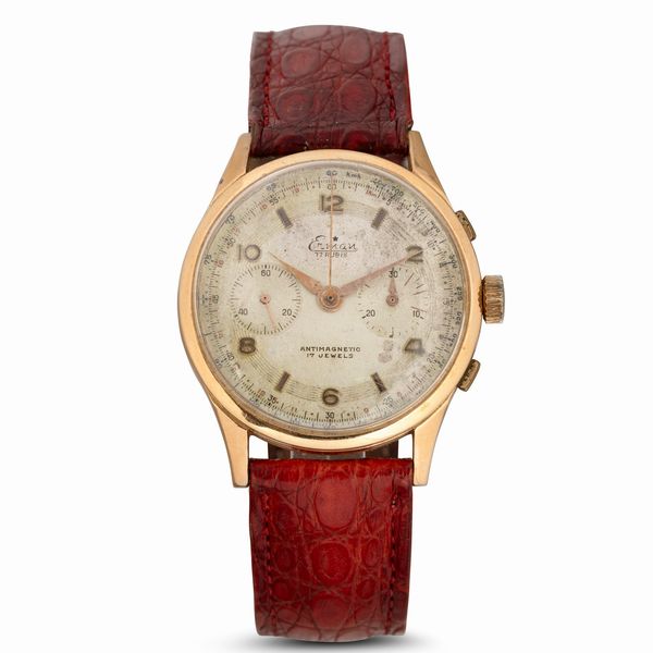 Erman : Cronografo due contatori in oro giallo 18k carica manuale Landeron tasti quadri, quadrante fan� con numeri Arabi, 37 mm  - Asta Watches - Associazione Nazionale - Case d'Asta italiane
