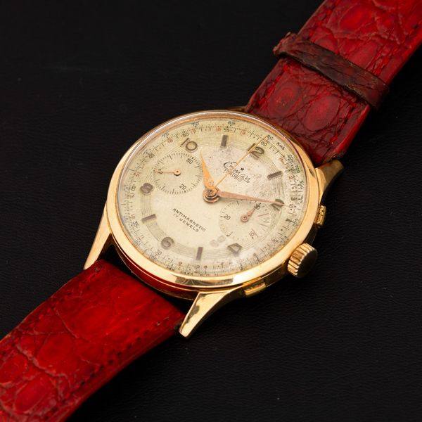 Erman : Cronografo due contatori in oro giallo 18k carica manuale Landeron tasti quadri, quadrante fan� con numeri Arabi, 37 mm  - Asta Watches - Associazione Nazionale - Case d'Asta italiane