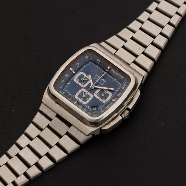 ZENITH : El Primero Automatic in acciaio, cronografo tre contatori, quadrante blu e cassa TV, 36x38 mm  - Asta Watches - Associazione Nazionale - Case d'Asta italiane