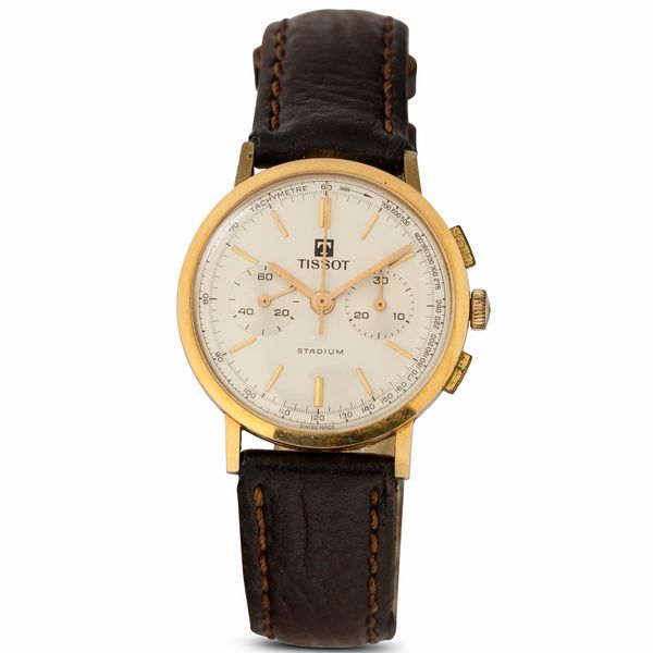 TISSOT : Stadiu, cronografo due contatori in oro giallo 18k, tasti quadri e quadrante Argent�, 34 mm  - Asta Watches - Associazione Nazionale - Case d'Asta italiane