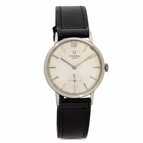 Universal Genève : Solo tempo in acciaio, carica manuale quadrante Argent� con indici applicati, 34 mm  - Asta Watches - Associazione Nazionale - Case d'Asta italiane