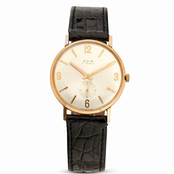 AVIA : Solo tempo in oro giallo 18k carica manuale, quadrante Argent� numeri Arabi con piccoli secondi, 34 mm  - Asta Watches - Associazione Nazionale - Case d'Asta italiane