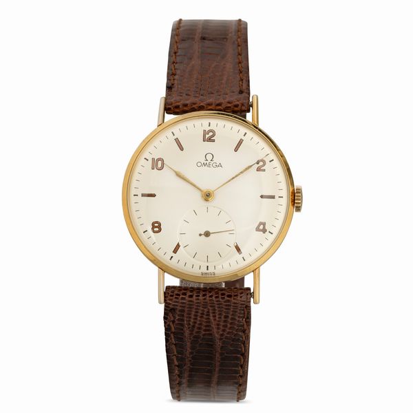 OMEGA : Solo tempo in oro 18k, carica manuale, quadrante Argent� con numeri Arabi e piccoli secondi a ore sei, 35 mm  - Asta Watches - Associazione Nazionale - Case d'Asta italiane