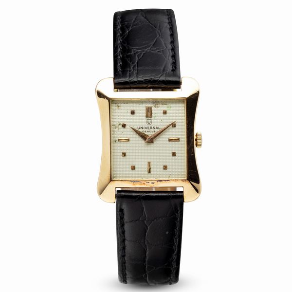 Universal Genève : Universal Geneve in oro giallo 18k, quadrante Argent� Guilloch�, indici applicati, cal U264, carica manuale, cinturino in pelle, 34x28 mm, 1950 circa  - Asta Watches - Associazione Nazionale - Case d'Asta italiane