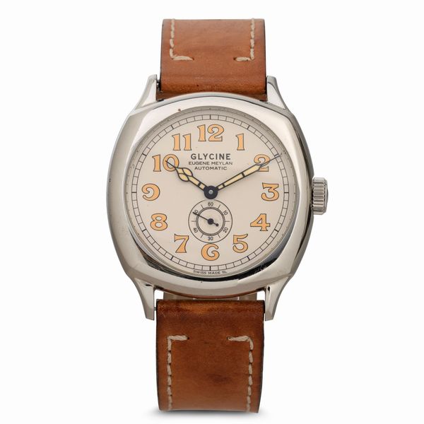 GLYCINE : Eugene Meylan automatico in acciaio di forma con quadrante argent� numeri Dec�, fondo a vista, 42 mm  - Asta Watches - Associazione Nazionale - Case d'Asta italiane
