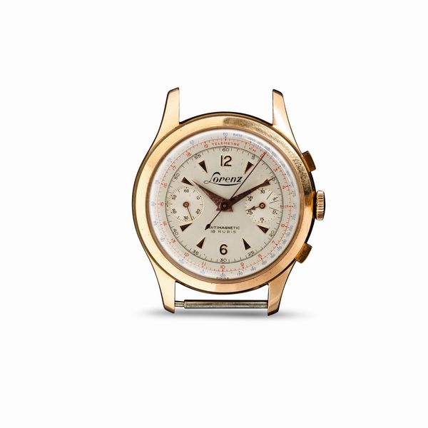 LORENZ : Cronografo due contatori carica manuale in oro giallo 18k, quadrante Argent� con indici applicati, 38 mm  - Asta Watches - Associazione Nazionale - Case d'Asta italiane