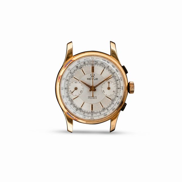 REVUE : Cronografo in oro giallo 18k carica manuale, quadrante Argent� bitonale con indici applicati, 35 mm  - Asta Watches - Associazione Nazionale - Case d'Asta italiane