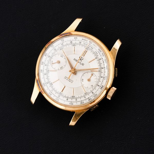 REVUE : Cronografo in oro giallo 18k carica manuale, quadrante Argent� bitonale con indici applicati, 35 mm  - Asta Watches - Associazione Nazionale - Case d'Asta italiane