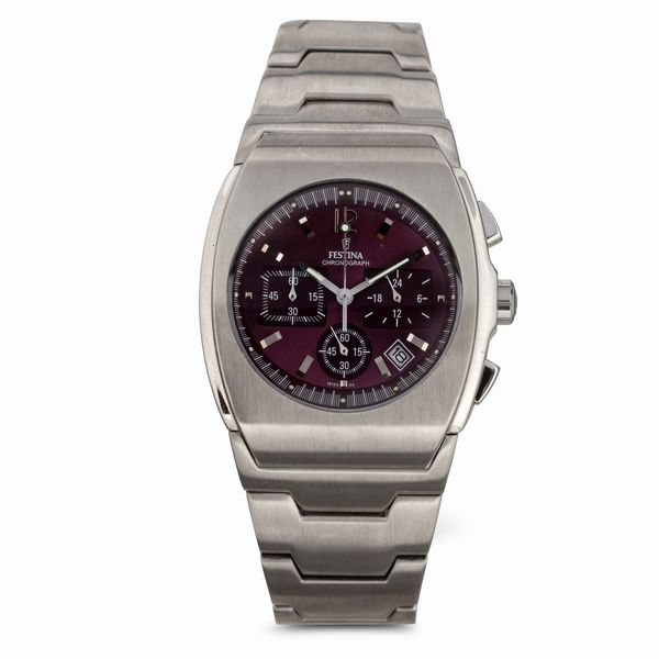 Festina : Chronograph F14 in acciaio di forma tonneau con bracciale integrato, moviento al quarzo con quadrante color vinaccia, 44x39 mm  - Asta Watches - Associazione Nazionale - Case d'Asta italiane