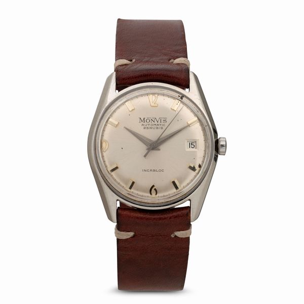 MONVIS : Orologio automatico Incabloc con datario in acciaio, quadrante grigio con numeri applicati, 33 mm  - Asta Watches - Associazione Nazionale - Case d'Asta italiane