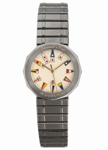 CORUM : Admiral's Cup in acciaio al quarzo con datario, quadrante bianco con bandiere marinare, 34,5 mm  - Asta Watches - Associazione Nazionale - Case d'Asta italiane