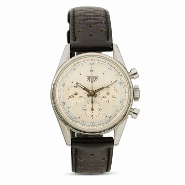 HEUER : Carrera cronografo carica manuale tre contatori in acciaio, tasti a pompa, quadrante Argent� con indici applicati, 35 mm  - Asta Watches - Associazione Nazionale - Case d'Asta italiane