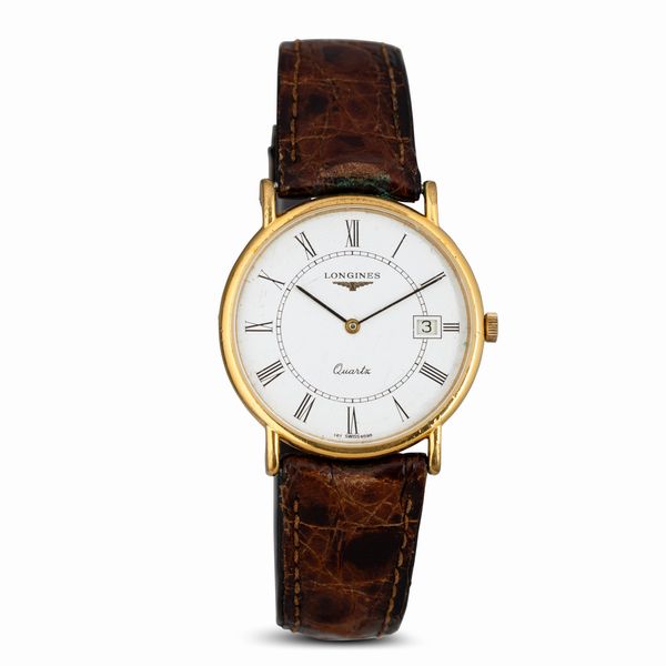 LONGINES : Orologio classico laminato, movimento al quarzo, quadrante bianco numeri Romani, 32 mm  - Asta Watches - Associazione Nazionale - Case d'Asta italiane
