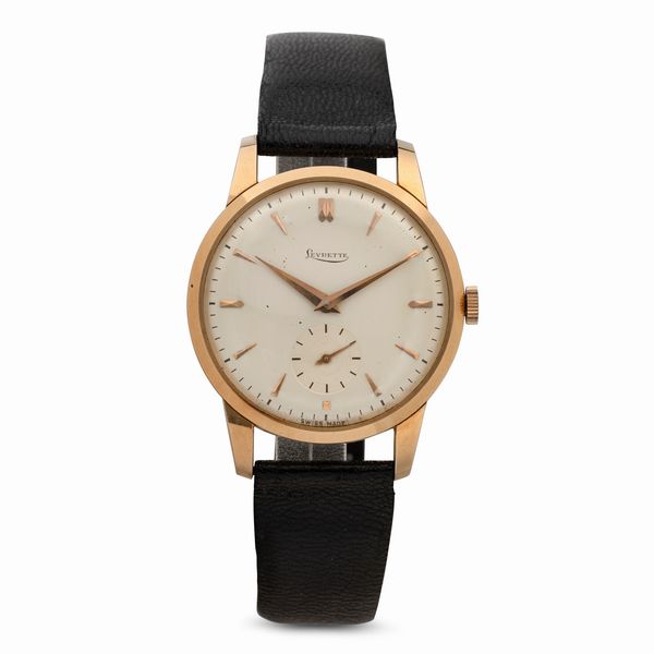 levrette : Solo tempo in oro giallo 18k, carica manuale NOS, quadrante Argent� con indici applicati, 36 mm  - Asta Watches - Associazione Nazionale - Case d'Asta italiane