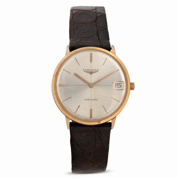 LONGINES : Orologio classico in oro giallo 18k automatico con datario, quadrante Argent� con indici applicati, 34 mm  - Asta Watches - Associazione Nazionale - Case d'Asta italiane