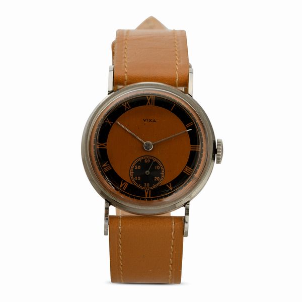 VIXA : Solo tempo in acciaio, quadrante galvanico Salmone e nero lucido con numeri Romani in contrasto, carica manuale, 32 mm  - Asta Watches - Associazione Nazionale - Case d'Asta italiane