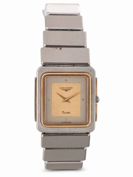 LONGINES : Longines Forma in acciaio con inserti in oro, quadrante argento, movimento al quarzo, bracciale in acciaio, 26 mm, 1970 circa  - Asta Watches - Associazione Nazionale - Case d'Asta italiane