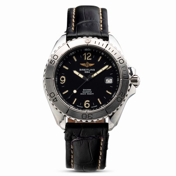 Breitling : Breitling Shark in acciaio quadrante antracite indici a bastone, numeri arabi e datario, ref a5860512b146, cassa n� 1437, movimento automatico, cinturino in pelle, 40 mm, 1993 circa, scatola e garanzia doppio cinturino  - Asta Watches - Associazione Nazionale - Case d'Asta italiane
