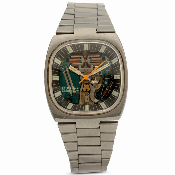 Bulova : Accutron Spaceview in acciaio con quadrante a vista, movimento al quarzo con diapason, bracciale integrato, 38x36 mm  - Asta Watches - Associazione Nazionale - Case d'Asta italiane