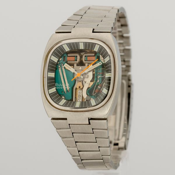 Bulova : Accutron Spaceview in acciaio con quadrante a vista, movimento al quarzo con diapason, bracciale integrato, 38x36 mm  - Asta Watches - Associazione Nazionale - Case d'Asta italiane