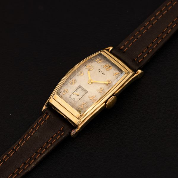 ELGIN : Tegolino Tonneau gold filled 10k, carica manuale quadrante Argent� con piccoli secondi, 33x22 mm  - Asta Watches - Associazione Nazionale - Case d'Asta italiane