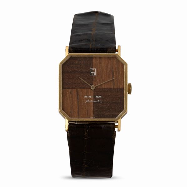 Roman Mayer : Orologio di forma automatico in oro giallo 18k quadrante in legno, 25x25 mm  - Asta Watches - Associazione Nazionale - Case d'Asta italiane