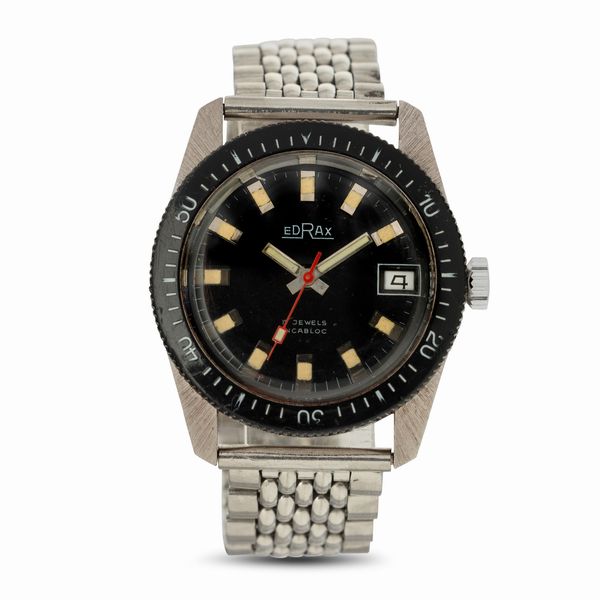 Edrax : Diver in acciaio carica manuale, quadrante nero con indici luminosi, datario e ghiera girevole, 36 mm  - Asta Watches - Associazione Nazionale - Case d'Asta italiane