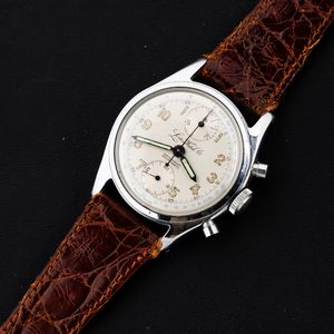 Lorton Watch Co. : Cronografo tasti a pompa in acciaio, carica manuale, quadrante argent� numeri Arabi, 34 mm  - Asta Watches - Associazione Nazionale - Case d'Asta italiane