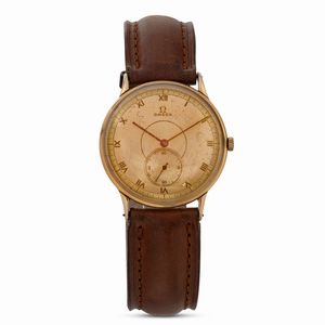 OMEGA - Solo tempo carica manuale in oro giallo 18k, quadrante bitonale con numeri Romani e piccoli secondi, incisione sul fondello, 35 mm