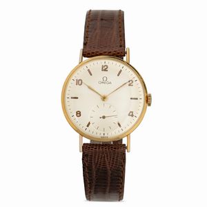 OMEGA - Solo tempo in oro 18k, carica manuale, quadrante Argent� con numeri Arabi e piccoli secondi a ore sei, 35 mm