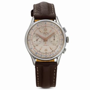 Velta - Cronografo in acciaio due contatori Oversize, carica manuale tasti quadri, quadrante Argent� con inidci applicati, 38 mm