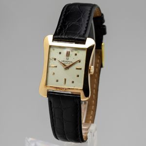 Universal Genève : Universal Geneve in oro giallo 18k, quadrante Argent� Guilloch�, indici applicati, cal U264, carica manuale, cinturino in pelle, 34x28 mm, 1950 circa  - Asta Watches - Associazione Nazionale - Case d'Asta italiane