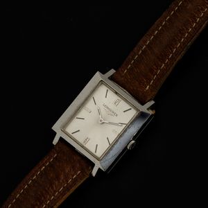 LONGINES : Solo tempo rettangolare in acciaio, quadrante Argent� con indici applicati 28x28 mm  - Asta Watches - Associazione Nazionale - Case d'Asta italiane