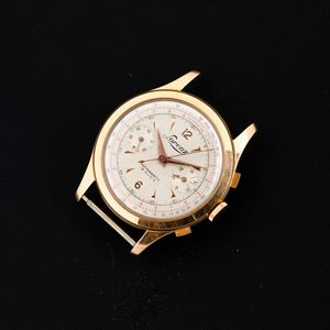 LORENZ : Cronografo due contatori carica manuale in oro giallo 18k, quadrante Argent� con indici applicati, 38 mm  - Asta Watches - Associazione Nazionale - Case d'Asta italiane