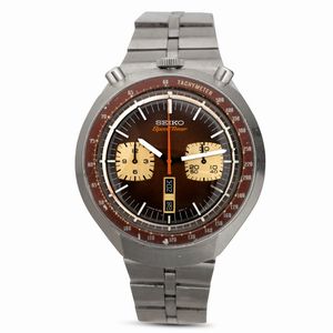 SEIKO - Bull Head cronografo in acciaio due contatori, quadrante marrone degrad� con indicazione di giorno e data a ore sei, 46x44 mm