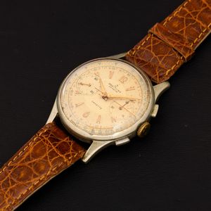 Breitling : Cadette cronografo carica manuale cromato, quadrante argent� con indici applicati, 37 mm  - Asta Watches - Associazione Nazionale - Case d'Asta italiane