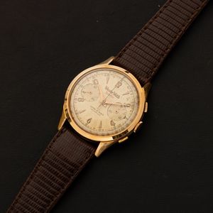 WYLER VETTA : Cronografo in oro rosa 18k carica manuale due contatori, tasti quadri, quadrante gren� con indici applicati, 37 mm  - Asta Watches - Associazione Nazionale - Case d'Asta italiane