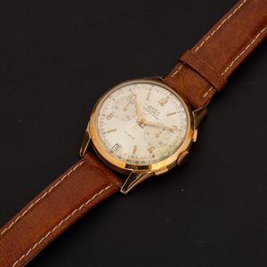 AXES : Cronografo in oro giallo 18k carica manuale, tasti quadri due contatori, quadrante Argent� indici applicati 37 mm  - Asta Watches - Associazione Nazionale - Case d'Asta italiane