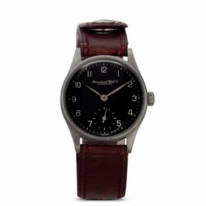 INTERNATIONAL WATCH CO. - Calatrava Gebruder Sulzer in acciaio, quadrante nero galvanico numeri Arabi, carica manuale e piccoli secondi, 30,5 mm