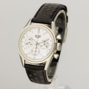 HEUER : Carrera cronografo carica manuale tre contatori in acciaio, tasti a pompa, quadrante Argent� con indici applicati, 35 mm  - Asta Watches - Associazione Nazionale - Case d'Asta italiane