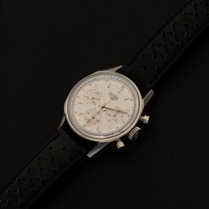 HEUER : Carrera cronografo carica manuale tre contatori in acciaio, tasti a pompa, quadrante Argent� con indici applicati, 35 mm  - Asta Watches - Associazione Nazionale - Case d'Asta italiane