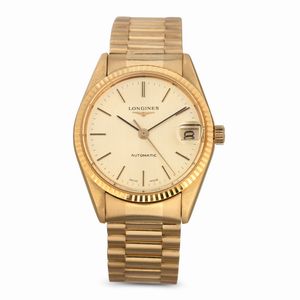 LONGINES - Automatic in oro giallo 18k con datario, quadrante champagne e bracciale President, 32 mm