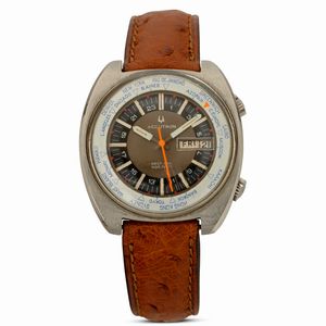 Bulova - Accutron Worldtimer in acciaio con datario, movimento al quarzo e indicazione dei 24 fusi orari, cinturino in pelle, 39x41 mm
